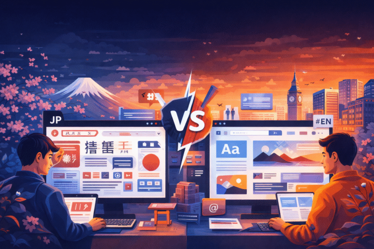 Illustration comparing Japanese and English web design styles with two designers, Mount Fuji on one side and London skyline on the other, divided by a VS symbol.