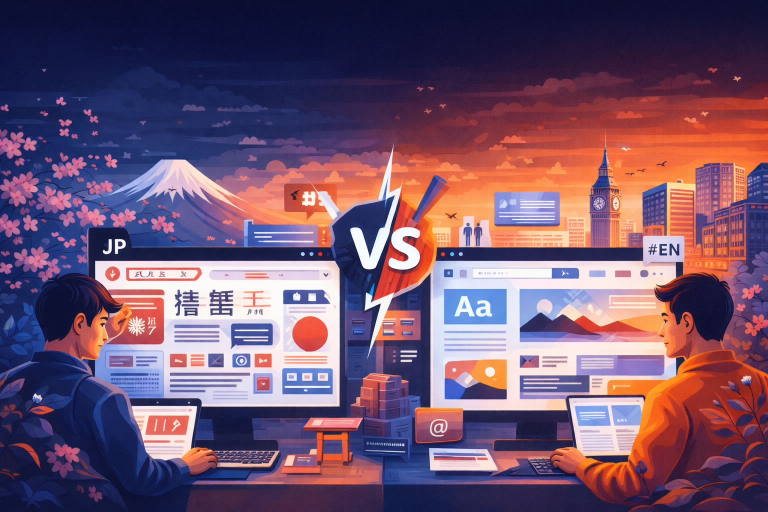 Illustration comparing Japanese and English web design styles with two designers, Mount Fuji on one side and London skyline on the other, divided by a VS symbol.