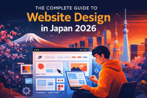 Illustration of website design in Japan 2026 featuring Mount Fuji, Tokyo skyline, cherry blossoms, and a designer working on a modern web interface.