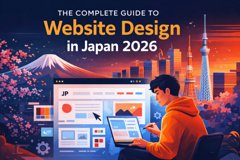 Illustration of website design in Japan 2026 featuring Mount Fuji, Tokyo skyline, cherry blossoms, and a designer working on a modern web interface.