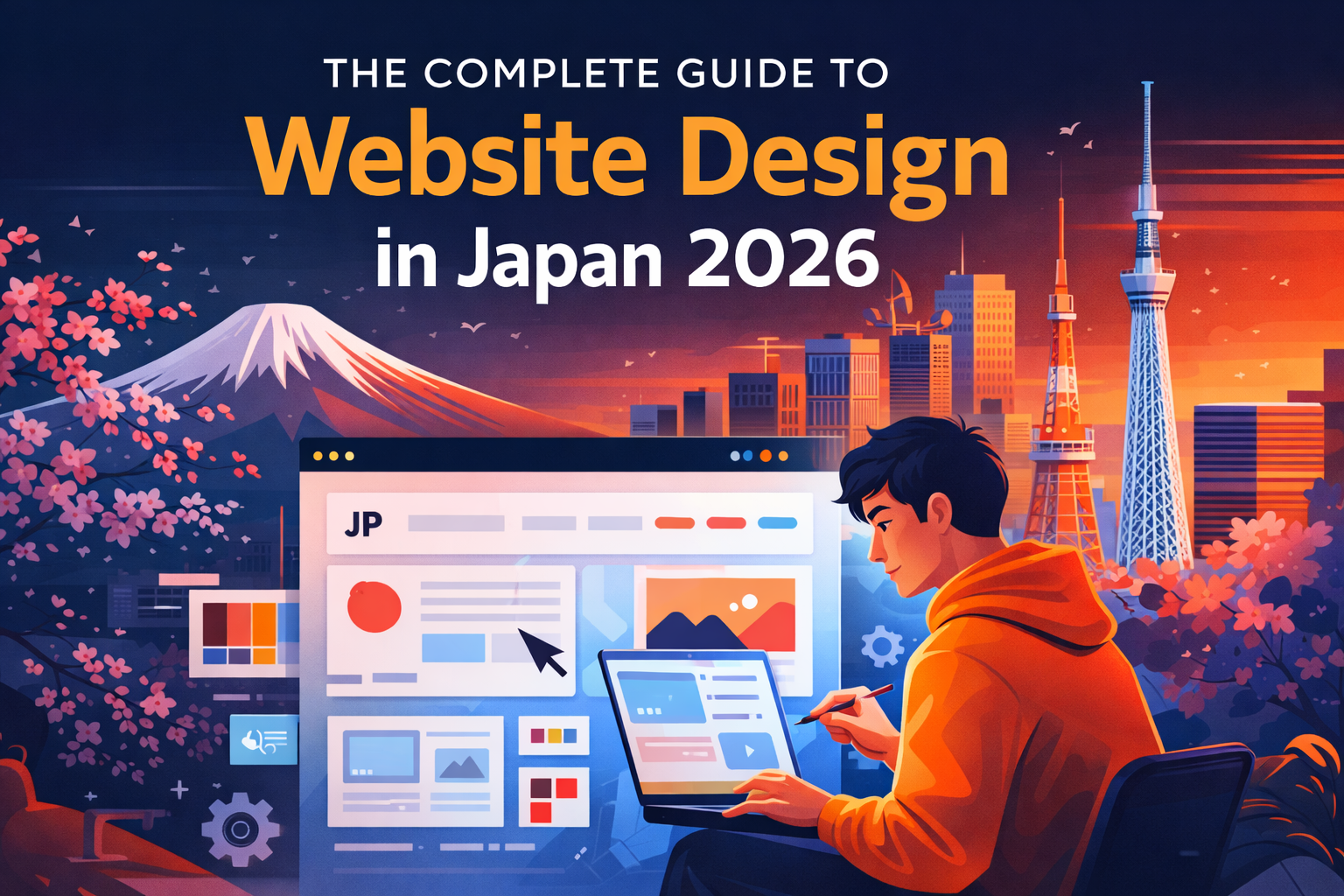 Illustration of website design in Japan 2026 featuring Mount Fuji, Tokyo skyline, cherry blossoms, and a designer working on a modern web interface.